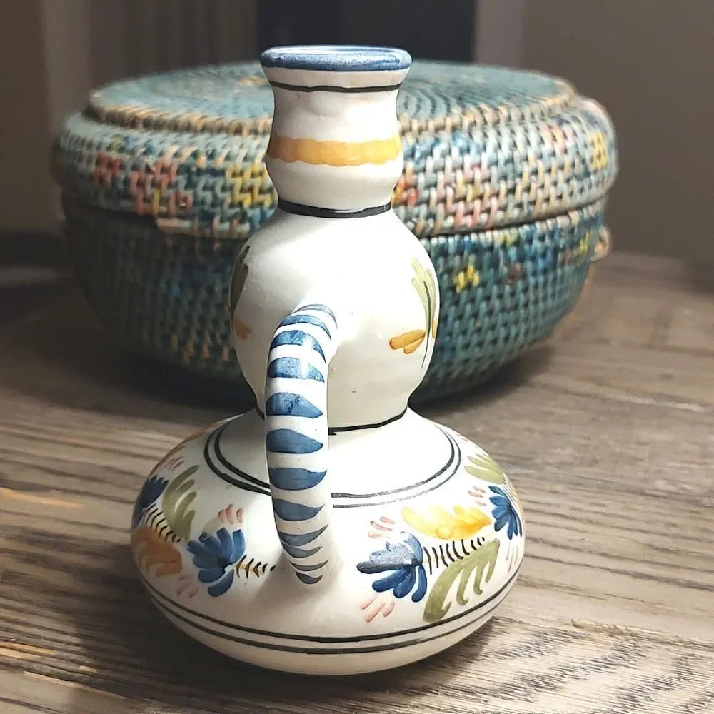 Talavera Pottery Hand Painted Floral Candlestick with Handle Vintage